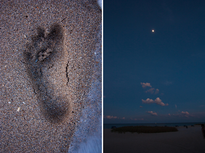 Footprints in the Sand and Moon Rise over the Beach